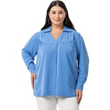 Disentis Modest Büyük Beden Yakalı Önü Büzgü Robalı Uzun Kol Indigo Gömlek