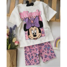 Ladin Store Yeni Sezon Kız Çocuk Minnie Mouse Baskılı Pamuklu Bisiklet Yaka Alt-Üst Biker Taytlı Takım