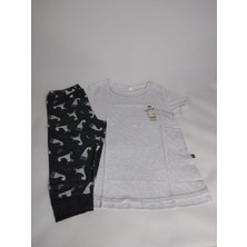 Vienetta Kadın Bej Antrasit Bisiklet Yaka  Desenli  Kısa Kollu Kapri Pamuk Pijama Takımı