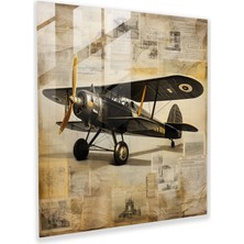 Uçak Cam Baskı - Uçak, Altın Çağ, El Yazısı, Modern Sanat, 30 x 30 cm