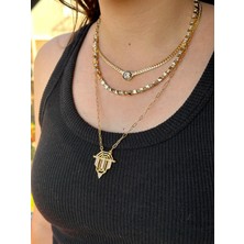 Mi Brillo Accessories Serenay 3lü Kolye Seti ( Ince Hasır, Gold Kare Dorika, Büyük Taşlı Halkalı Şövalye)