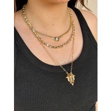 Mi Brillo Accessories Serenay 3lü Kolye Seti ( Ince Hasır, Gold Kare Dorika, Büyük Taşlı Halkalı Şövalye)