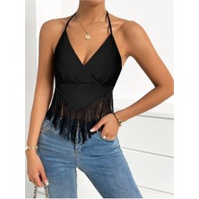 Bella Notte Kadın Siyah Püsküllü Crop Bluz