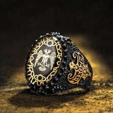 Takılingo 925 Ayar Gümüş Çift Başlı Kartal Motifli Siyah Kalem Işlemeli Usta Işi Erkek Yüzük