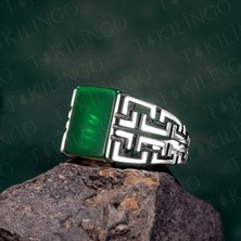 Takılingo 925 Ayar Gümüş Yeşil Akik Taşlı Puzzle Desenli Sade Erkek Yüzük