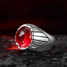 Takılingo 925 Ayar Gümüş Yuvarlak Kırmızı Zirkon Taşlı Sade Erkek Yüzük