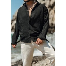 Tarz Cool Erkek Uzun Kollu Gömlek Yaka Keten Oversize Gömlek
