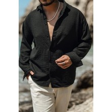 Tarz Cool Erkek Uzun Kollu Gömlek Yaka Keten Oversize Gömlek
