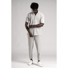 Akçaylar Kendinden Çizgili Oversize(Bol Kesim) Kısa Havuç Pantolon Gömlekli Takım