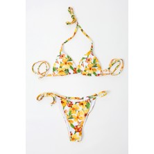 Hazelin Kadın Oranj Çiçek Desenli Astarlı Ip Bağlamalı Üçgen Bikini Takım HZL24S-LC2231
