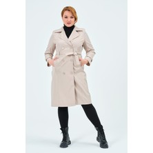 Glr & Gym Dilan Kadın Trençkot Kemerli Düğmeli Yazlık 110 cm Açık Bej Renk
