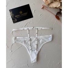 Intive Lingerie Kadın Yüksel Bel Şerit Detaylı Ağı Pamuklu Halka Detaylı Tül Tanga