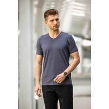 Decas Gabage Slim Fit V Yaka Pamuklu Tişört - Gri