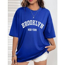 Punix Büyük Beden Kadın Saks Mavi Brooklyn Baskılı Yazlık Tarz Rahat Kalıp  T-Shırt