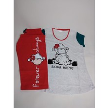 Vienetta Kadın Kırmızı Bisiklet Yaka Kuzu  Desenli  Kısa Kollu Kapri Pamuk Pijama Takımı