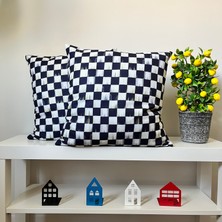 Decofav Kırlent Kılıfı Eskitme Efektli Dama Desenli Dijital Baskılı