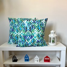 Decofav Kırlent Kılıfı Sulu Boya Mavi Yeşil Etnik Ikat Desenli Dijital Baskılı