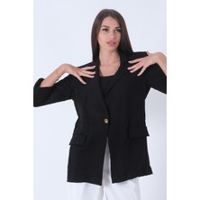 Feminist Siyah Kolları Düğme Toparlamalı Keten Ceket 01051361.01