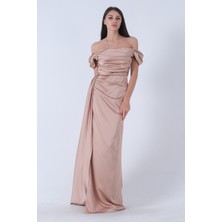 Feminist Bej Drape Detaylı Saten Kumaş Abiye Elbise 9704858.55