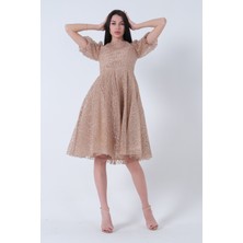 Gold Midi Boy Kısa Yuvarlak Yaka Simli Tül Abiye Elbise 6502459.122