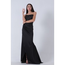 Siyah Göğüs Pul ve Taşlı Saten Abiye 9705294.01