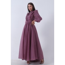 Feminist Lavanta Ön Göğüs Taş Detaylı Belden Bağlamalı Astarlı Tesettür Abiye 6502451.333