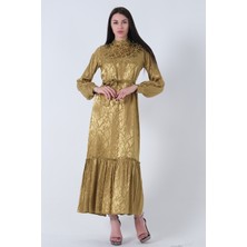 Fıstık Yakası ve Kolları Taşlı Kuşaklı Tesettür Elbise 4593281.22