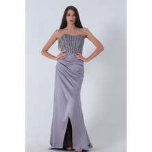 Feminist Gri Göğüs Pul ve Taşlı Saten Abiye 9705294.06