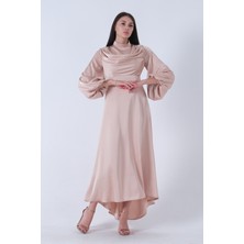 Gold Degaje Saten Balon Kol Tesettür Elbise 5305035.122