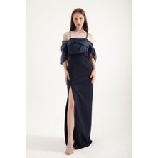 Lafaba Kadın Lacivert Prenses Kol Boncuk Askılı Organze Uzun Abiye Elbise