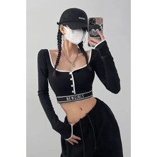 Köstebek Siyah Düğmeli Beyaz Şeritli Newgirls Uzun Kollu Crop T-Shirt