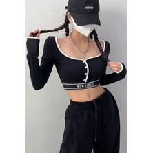 Köstebek Siyah Düğmeli Beyaz Şeritli Newgirls Uzun Kollu Crop T-Shirt