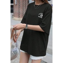 Formatik Unisex Siyah Mountain Baskılı Oversize Bisiklet Yaka T-Shirt