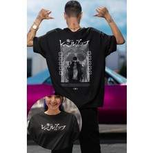 Fuddy Moda Oversize Tanrı Heykeli ve Sung Jin-Woo Sırt Baskılı T-Shirt, Unisex Solo Leveling Baskılı Tişört