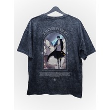 Fuddy Moda Oversize Kılıçlı Sung Jin-Woo Sırt Baskılı Yıkamalı T-Shirt, Unisex Solo Leveling Retro Tişört