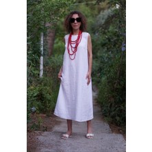 Zelish My Sister Beyaz Naturel Keten O Yaka Elbise