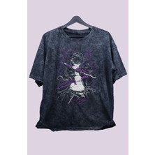 Fuddy Moda Oversize Solo Leveling Ana Karakter Baskılı Yıkamalı T-Shirt, Unisex Anime Baskılı Retro Tişört