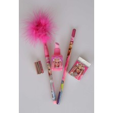 Barbie Lisanslı Barbıe Tüylü Geçmeli Kurşun Kalem oje Tasarım Silgili Kalemtraş Kurşun Kalem ve Silgi Seti