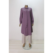 Moda Nervür 7004 Yakası Fularlı Önü Düğmeli Fular Yaka Tunik Qys Tunik 7004 ##23-03#