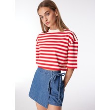 Denim Trip Oversize Crop Fit Kırmızı Çizgili Kadın T-Shirt