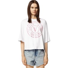 Versace Jeans Couture Yuvarlak Yaka Baskılı Beyaz Kadın T-Shirt 76HAHG05