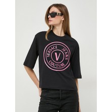 Versace Jeans Couture Yuvarlak Yaka Baskılı Siyah Kadın T-Shirt 76HAHG05