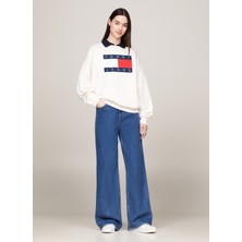 Tommy Jeans Yuvarlak Yaka Baskılı Beyaz Kadın Sweatshırt Tjw Ovs Tommy Flag Crew