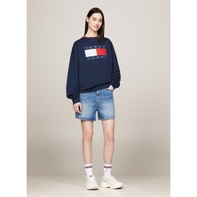 Tommy Jeans Yuvarlak Yaka Baskılı Lacivert Kadın Sweatshırt Tjw Ovs Tommy Flag Crew