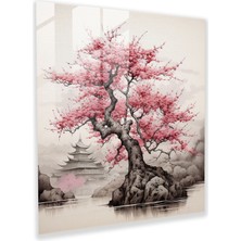 Painted Anarchy Zarif Kiraz Çiçeği Cam Baskı Duvar Sanatı - Huzur ve Huzur ile Geleneksel Japon Mürekkebi Yıkama Boyama - Yüksek Kaliteli Cam Baskı, 30X30