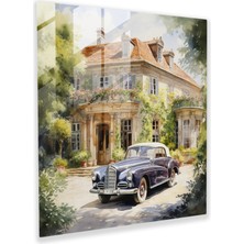 Painted Anarchy Vintage Serenity Cam Baskı - Klasik Araba ve Avrupa Villa Cam Duvar Sanatının Romantik Sulu Boya Portresi, 30X30