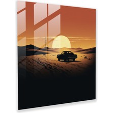 Painted Anarchy Zamansız Çöl Cam Baskı: Klasik Araba Silüeti ve Sonsuz Ufuk Duvar Dekorasyonu, 30X30