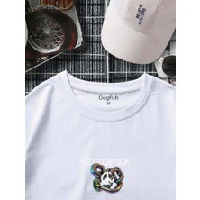 Dogfish Oversize Baskılı  Beyaz Renk Salaş T-Shirt %100 Pamuk