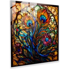 Painted Anarchy Zarif Tavus Kuşu Tüyü Cam Baskı - Tüy, Tüy, Duvar Süslemesi, Çiçek Motifleri, 30X30