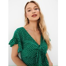 Fiore Viola Kadın Mini Elbise Eteği ve Kolları Fırfırlı V Yaka Göğüs Kuşak Bağlamalı Model Penye Kumaş